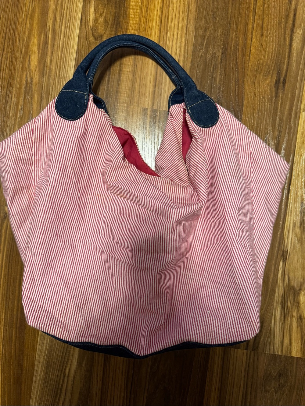 Vintage Red & Navy Striped Canvas Tote
